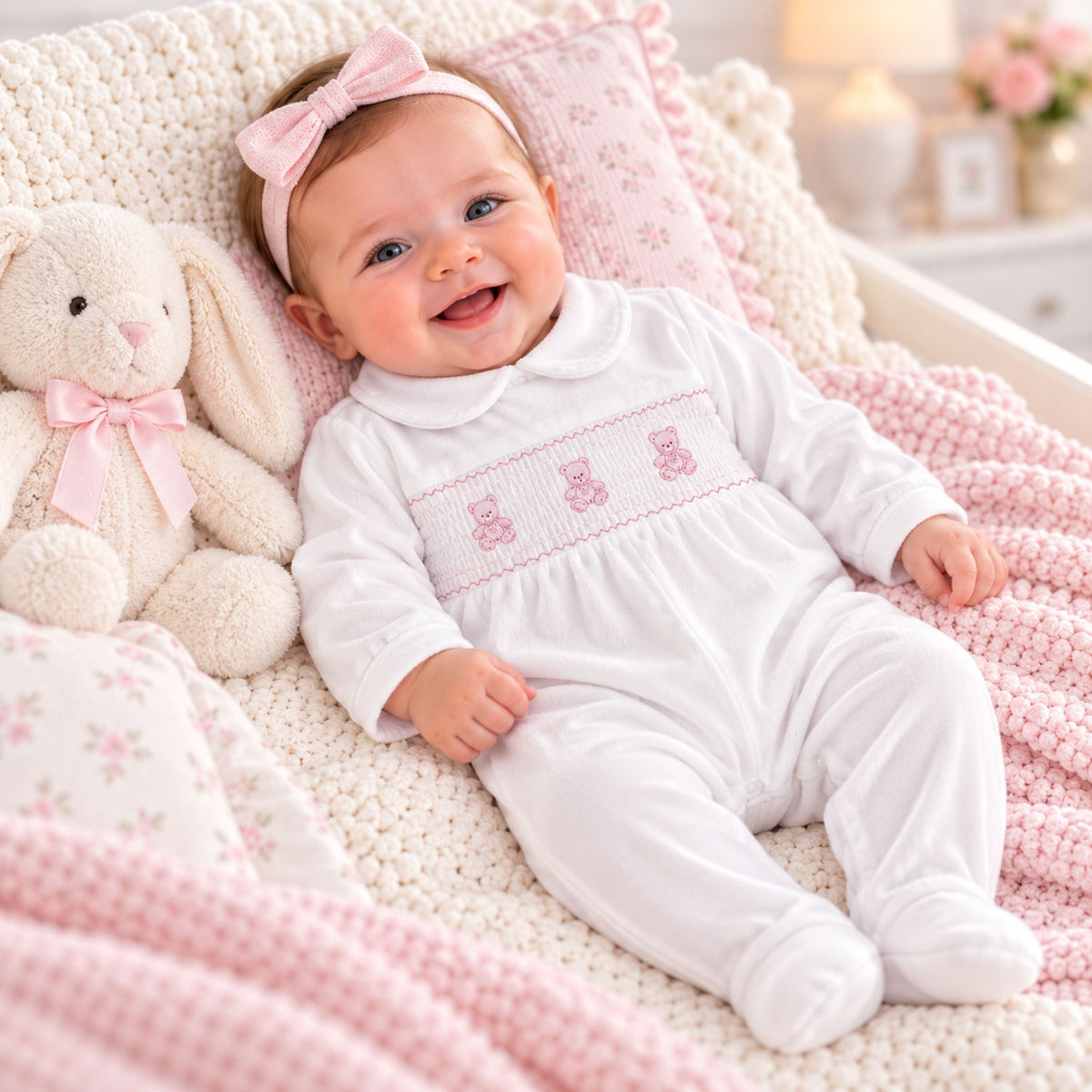 Baby girls white velour sleepsuit with pink embroidered teddy bears and smocked chest panel