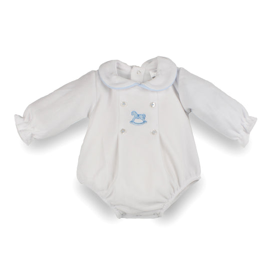 Pex baby boys white velour romper with blue rocking horse embroidery