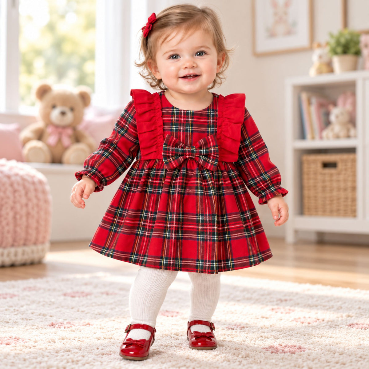 Baby girl wearing red tartan dress with red frills and tartan bow