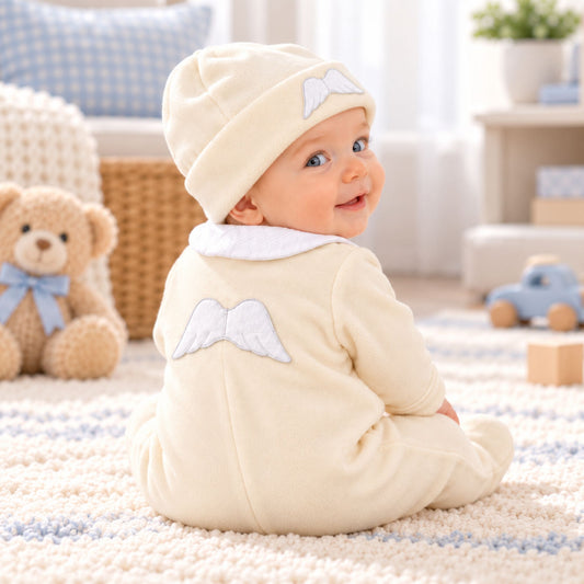 Baby Cream Velour Angel Wings Sleepsuit & Matching Hat – Made in Portugal
