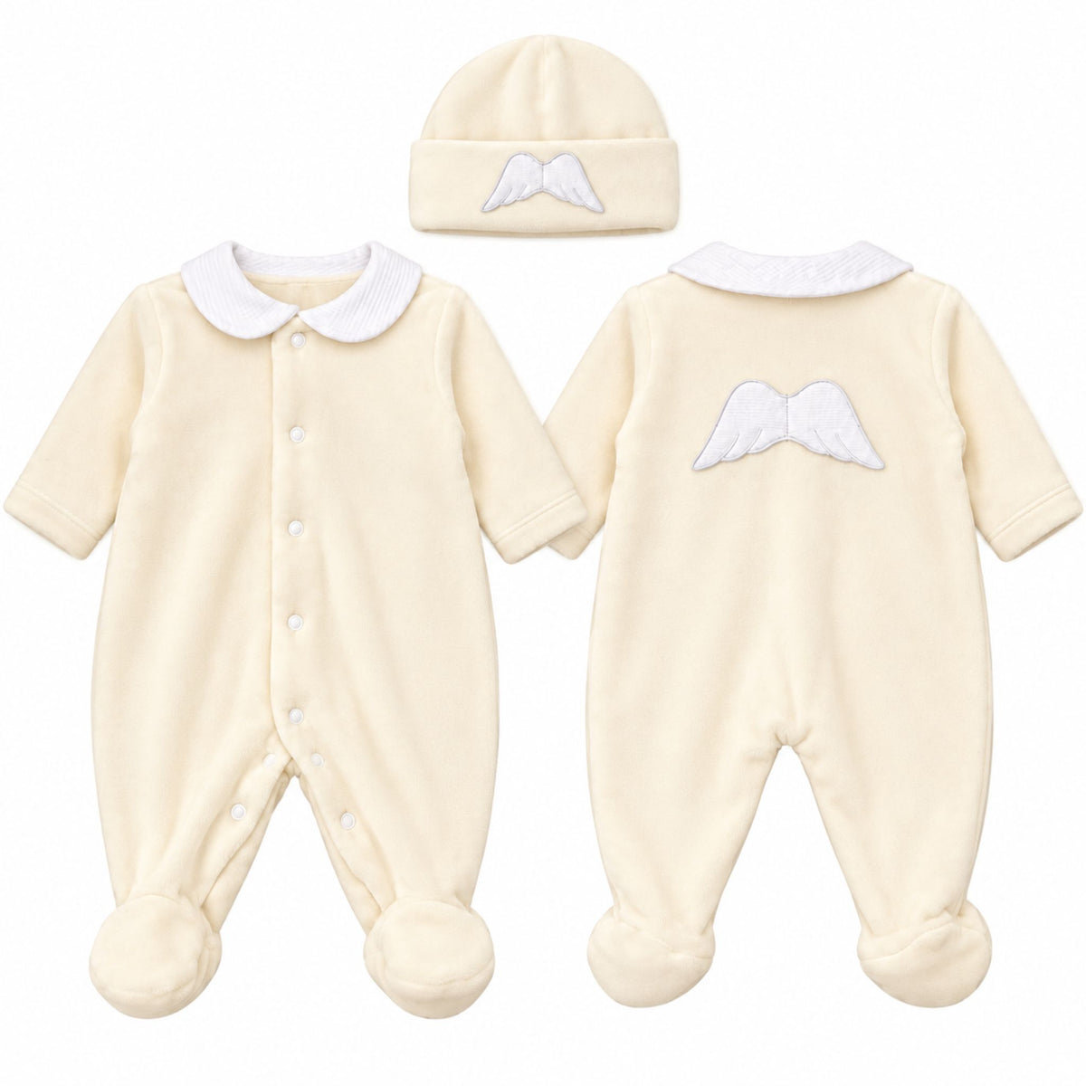 Baby Cream Velour Angel Wings Sleepsuit & Matching Hat – Made in Portugal