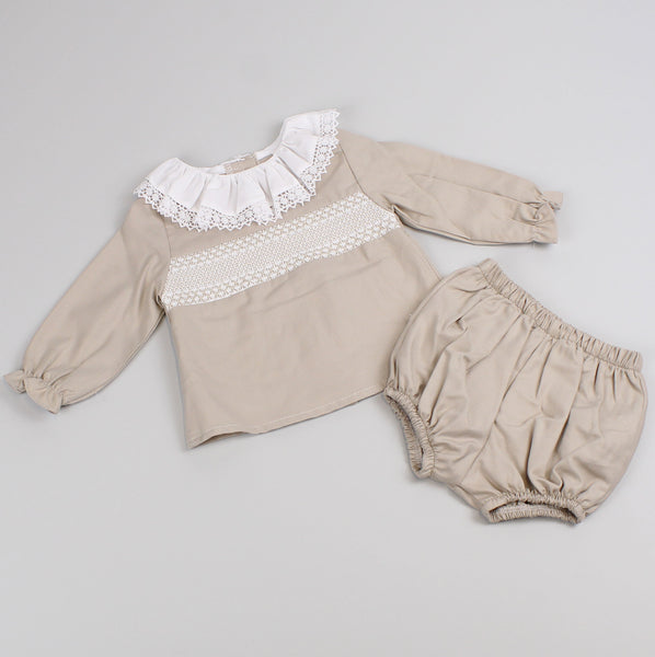 Baby Girls Beige Smocked Long Sleeve Outfit - With Jam Pants
