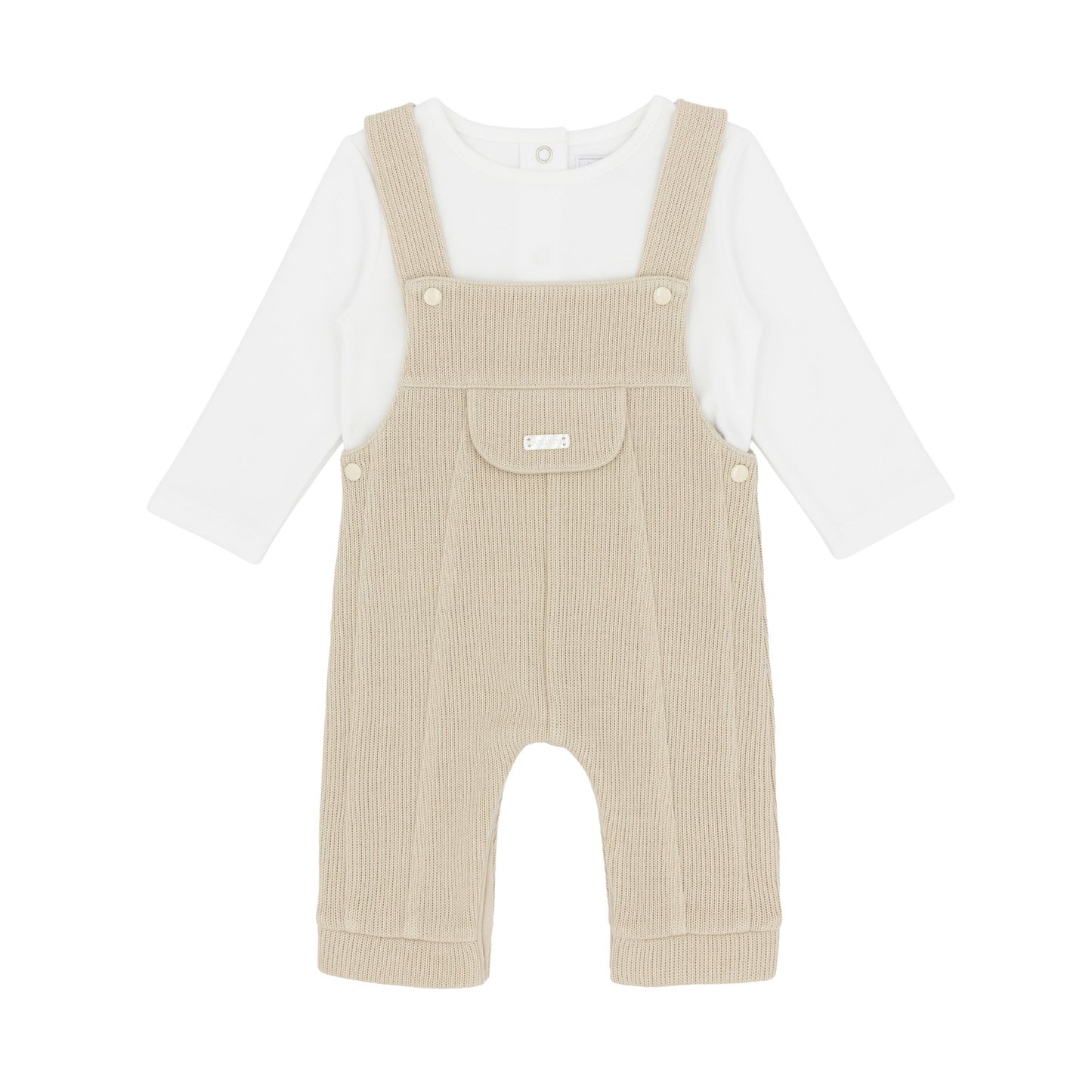 Amore baby boys beige knitted dungaree outfit with white long-sleeved top and front pocket
