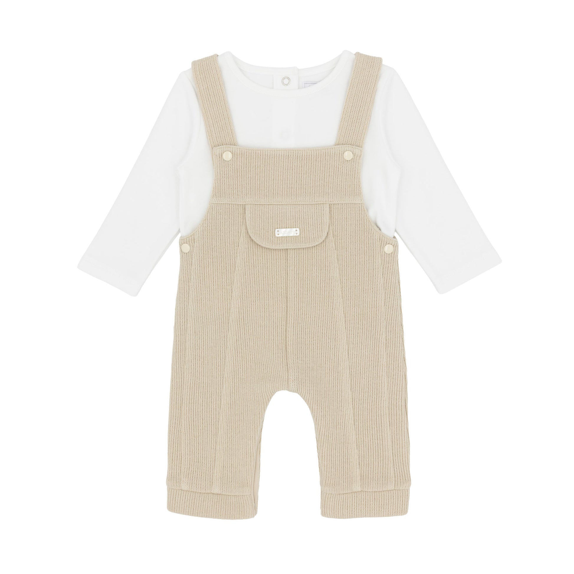 Amore baby boys beige knitted dungaree outfit with white long-sleeved top and front pocket