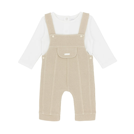 Amore baby boys beige knitted dungaree outfit with white long-sleeved top and front pocket
