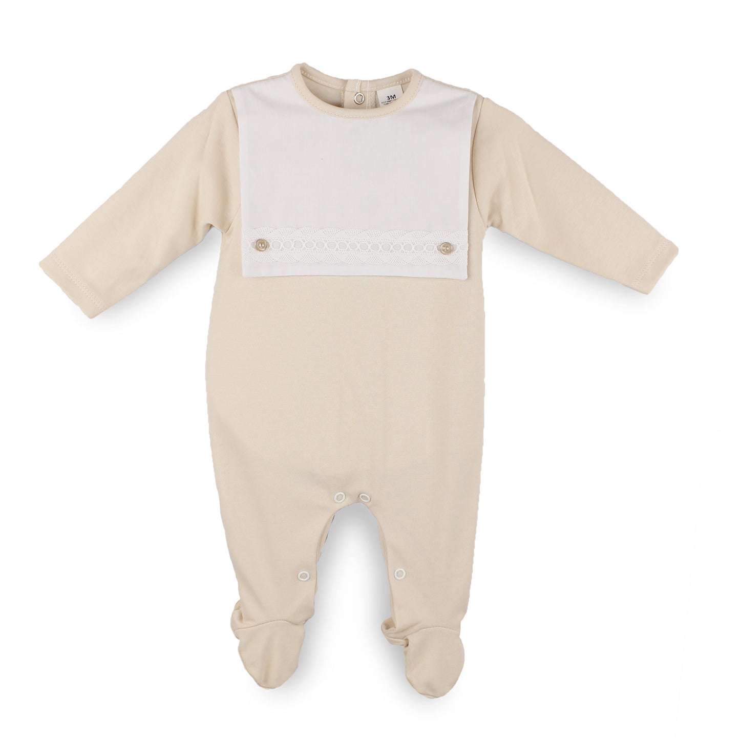 baby boys beige sleepsuit with white bib front