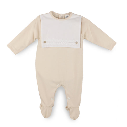 baby boys beige sleepsuit with white bib front