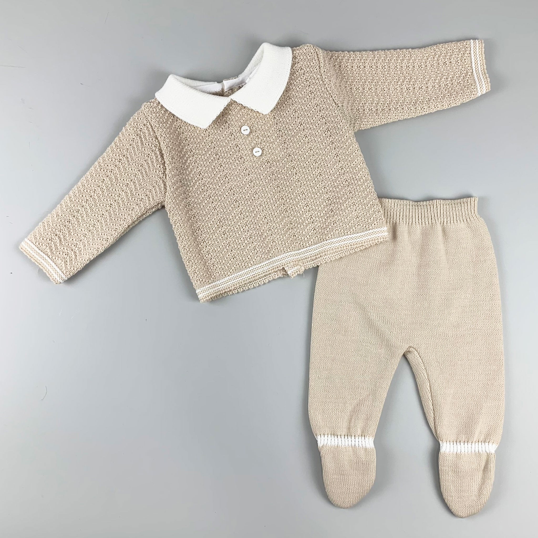 Baby Boys 2 Piece Knitted Outfit- Trousers and Top- Beige