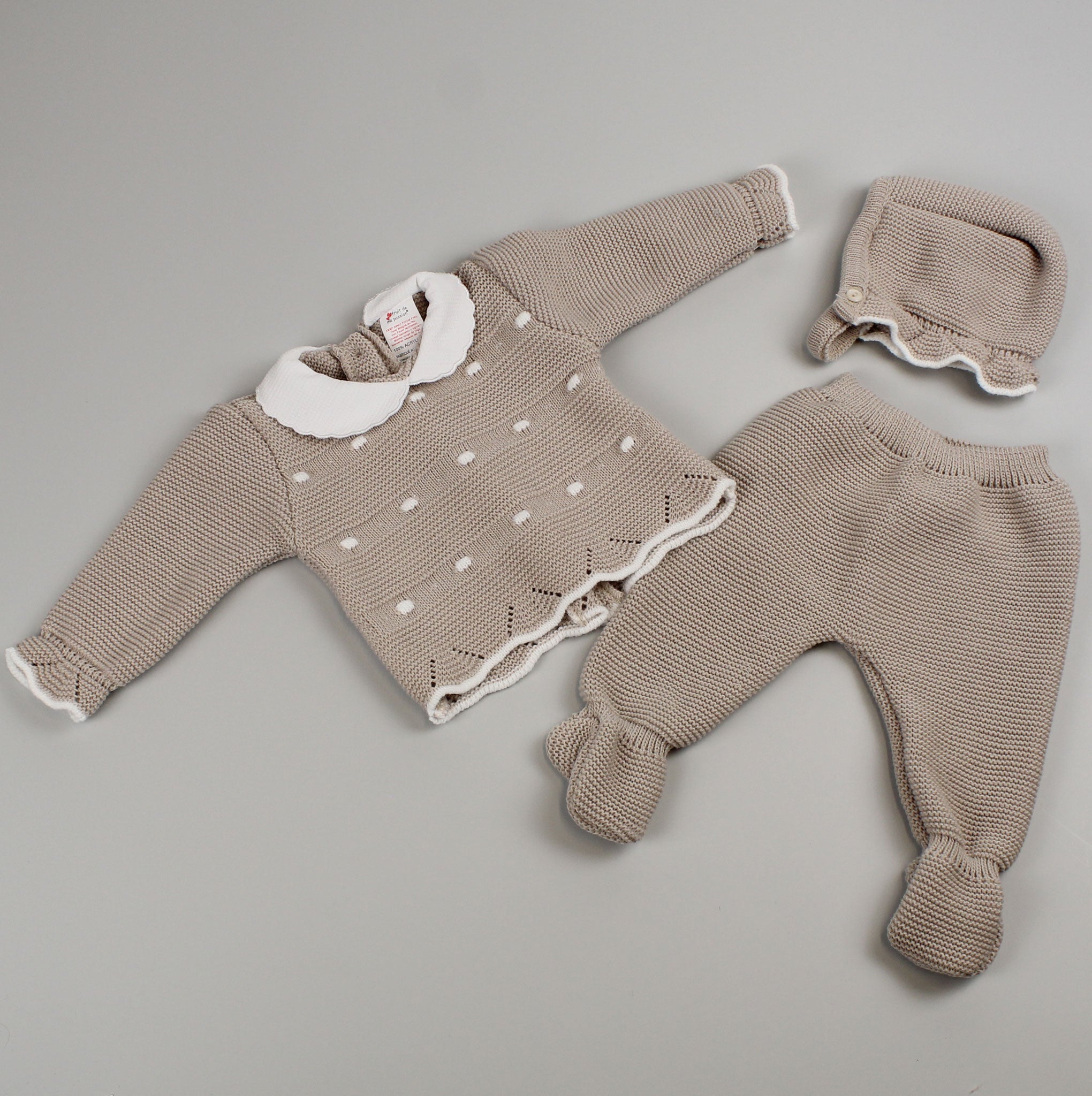 Baby Girls Beige Knitted Outfit - Top, Bottoms and Bonnet