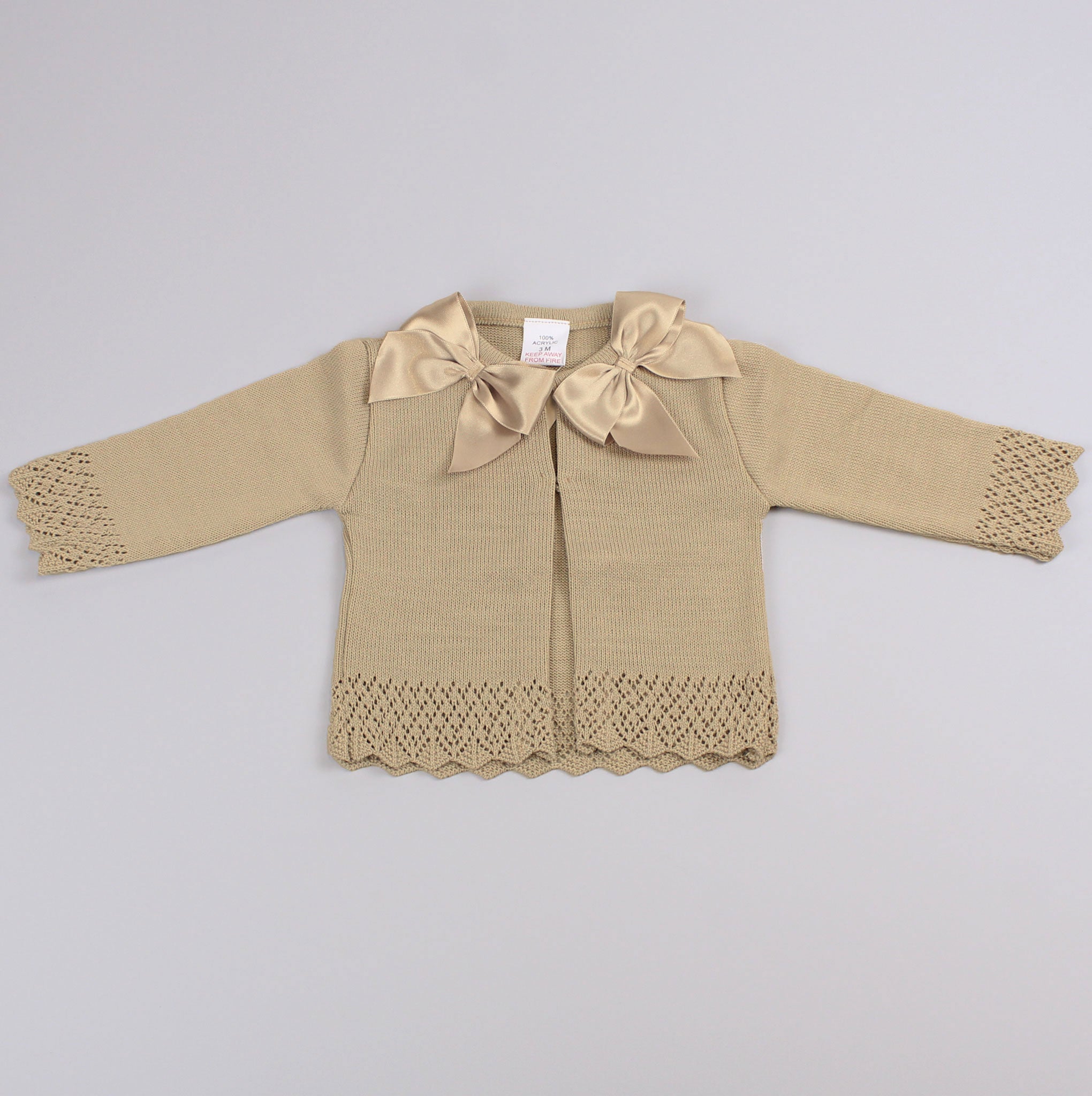 knitted baby girls beige cardigan with satin bows