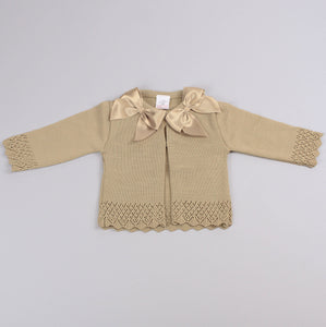 knitted baby girls beige cardigan with satin bows