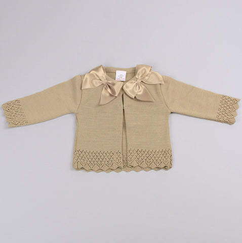 knitted baby girls beige cardigan with satin bows