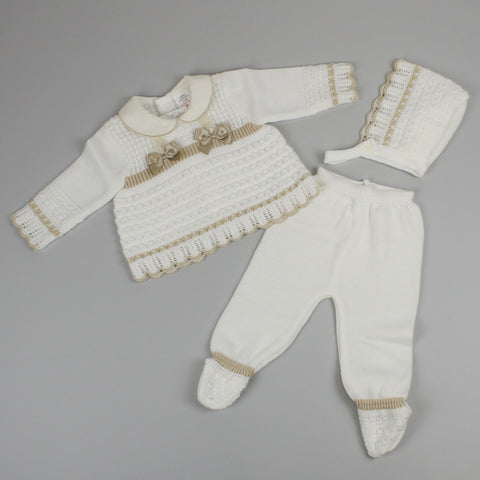 beige knitted three piece outfit baby girls