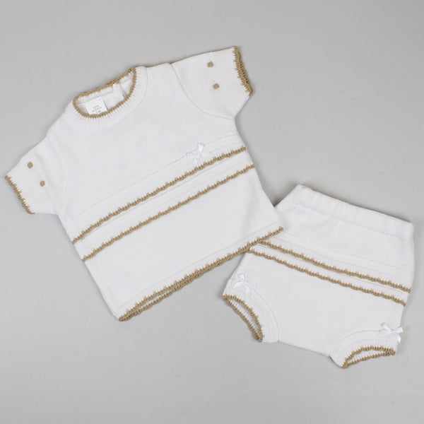 Baby Girls  2 Piece Knitted Outfit - White and Beige