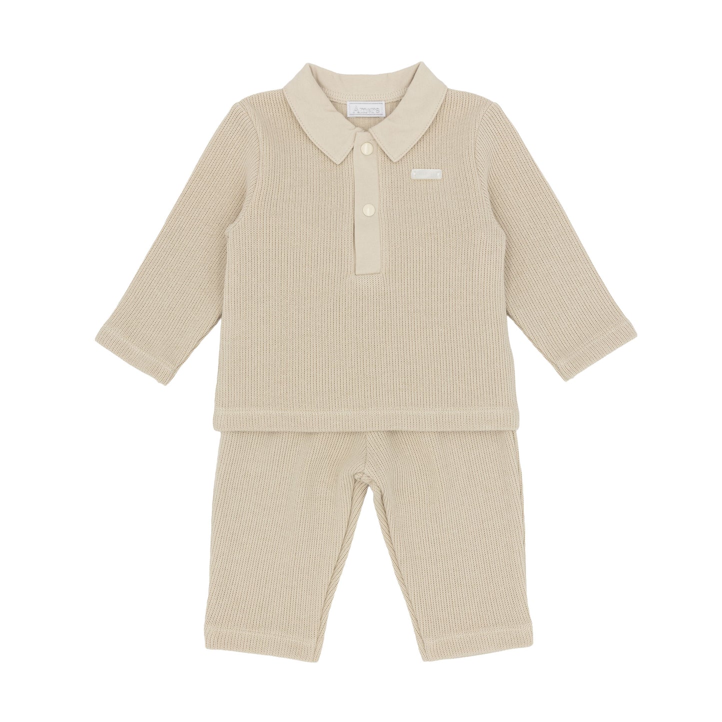 Amore baby boys beige knitted two-piece outfit with collared long-sleeved top and matching trousers