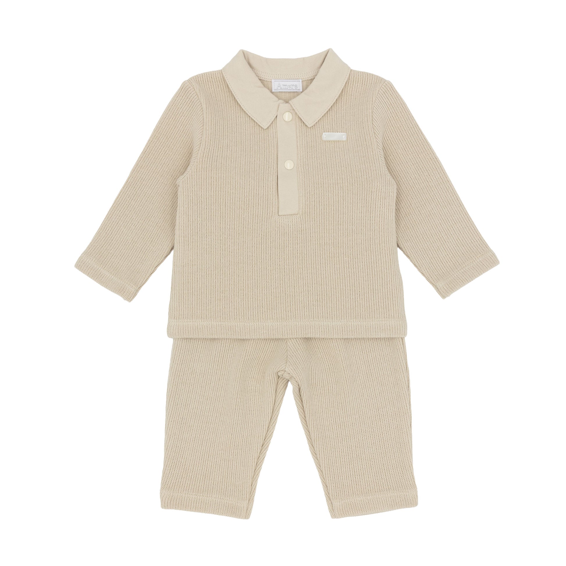 Amore baby boys beige knitted two-piece outfit with collared long-sleeved top and matching trousers