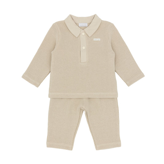 Amore baby boys beige knitted two-piece outfit with collared long-sleeved top and matching trousers