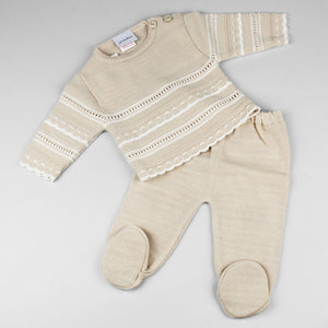 knitted white and biscuit two piece outfit