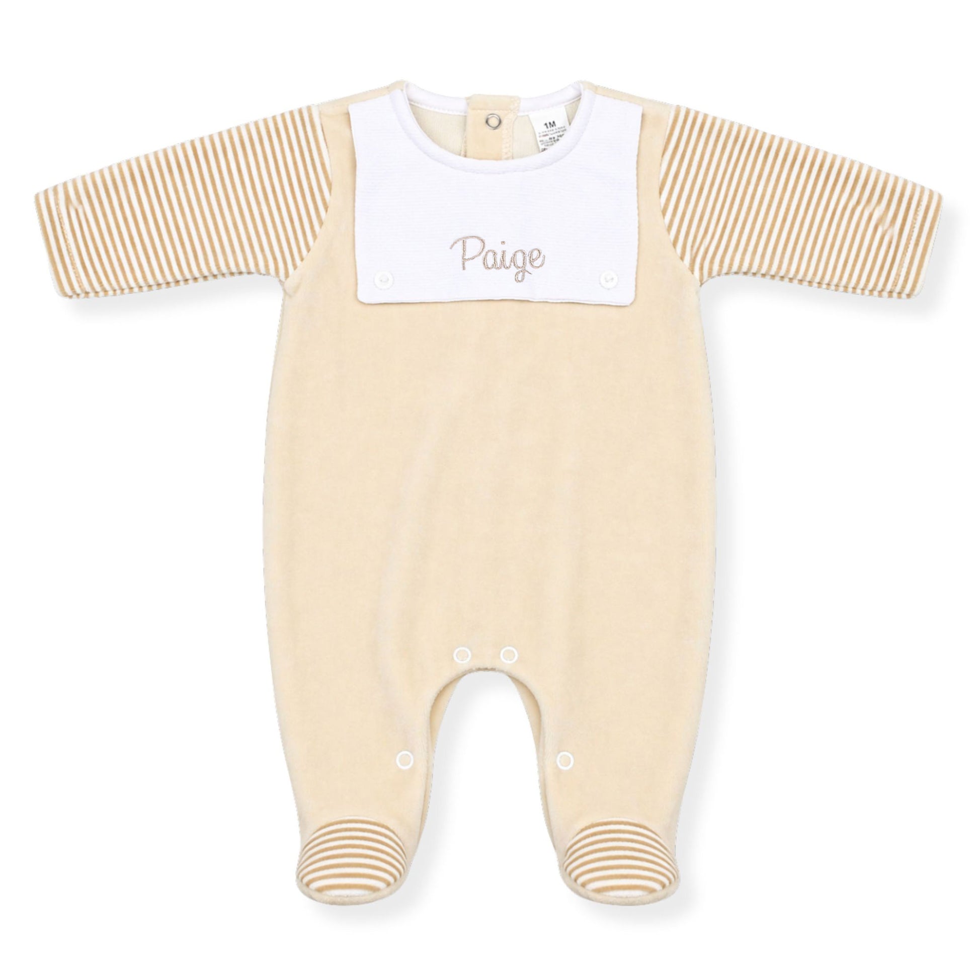 Personalised beige velour baby sleepsuit with striped sleeves and embroidered baby name