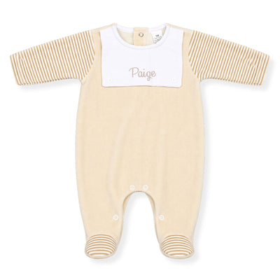 Personalised Beige Stripe Velour Baby Sleepsuit