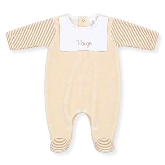 Personalised beige velour baby sleepsuit with striped sleeves and embroidered baby name