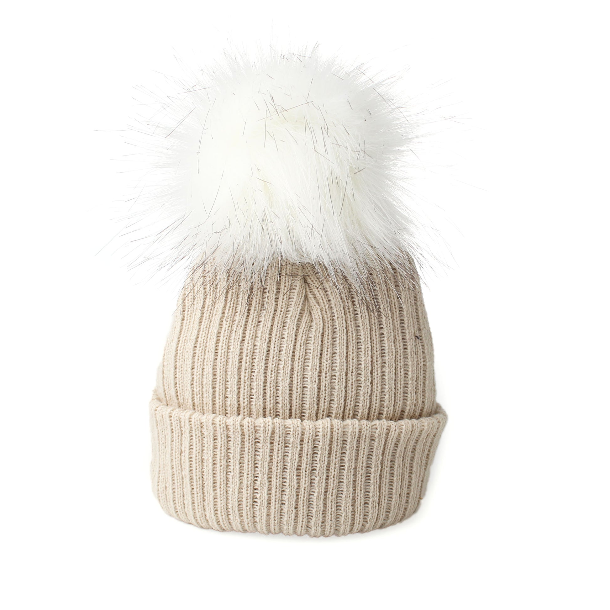Beige knit beanie with a white faux fur pom-pom on a white background