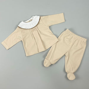 Baby Girls Beige 2 Piece Cotton Set with ruff neck line