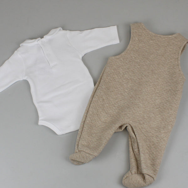 baby boys two piece outfit baby grow and dungarees in beige