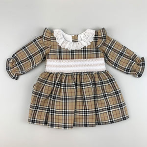 Baby Girls Beige Smocked Tartan Dress - Little Nosh