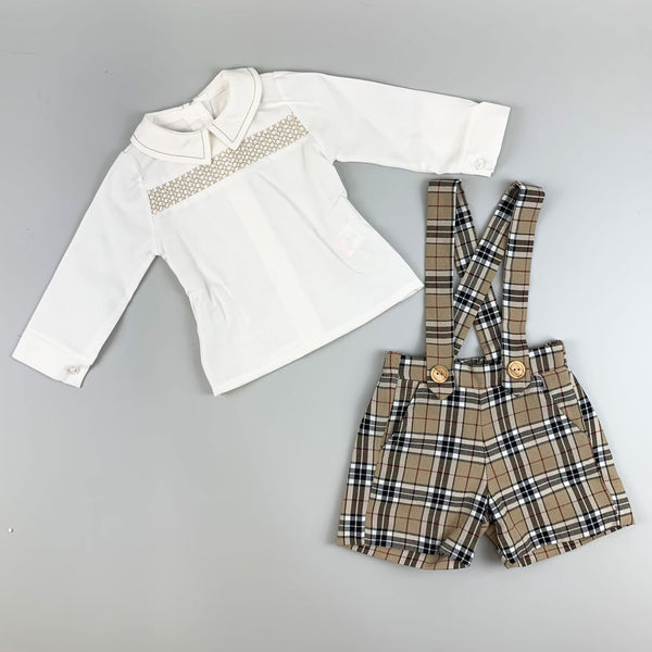 baby boys beige tartan christmas outfit