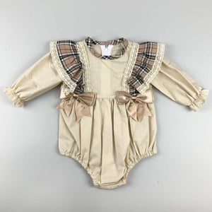 Baby Girls Beige Tartan Romper with 2 Gold bows