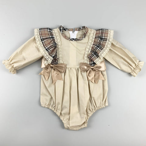 Baby Girls Beige Tartan Romper with 2 Gold bows