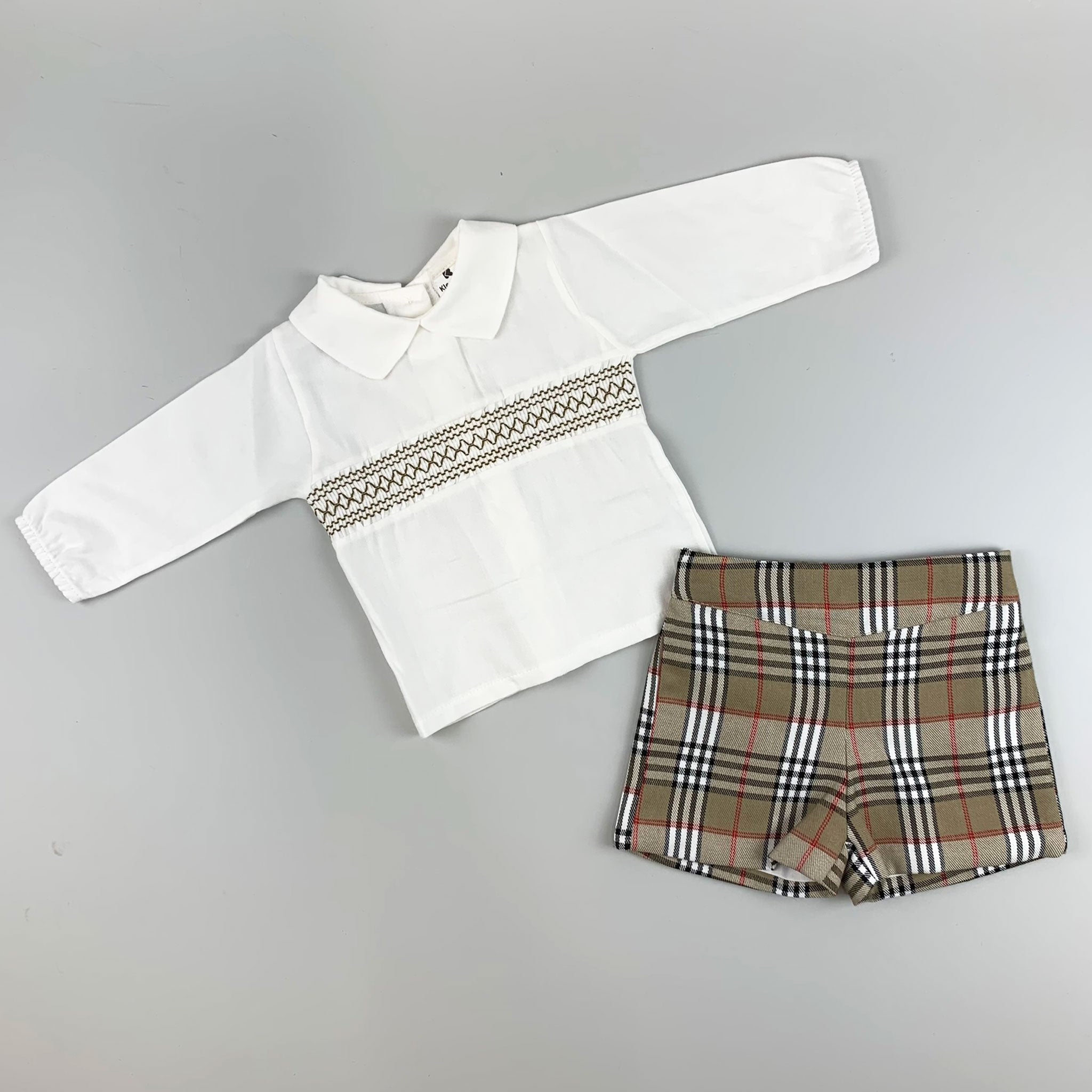 Baby Boys Beige Tartan Two Piece Outfit- Shirt and Shorts