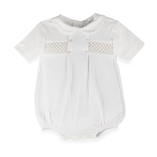 Baby Boys White/Beige  Smocked Romper with Peter Pan Collar