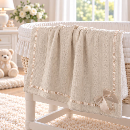 beige baby blanket with bow