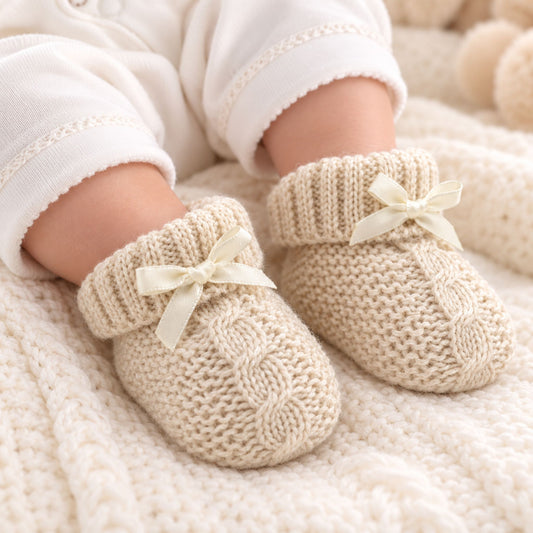 Beige Baby Booties with bow Newborn to 6 months