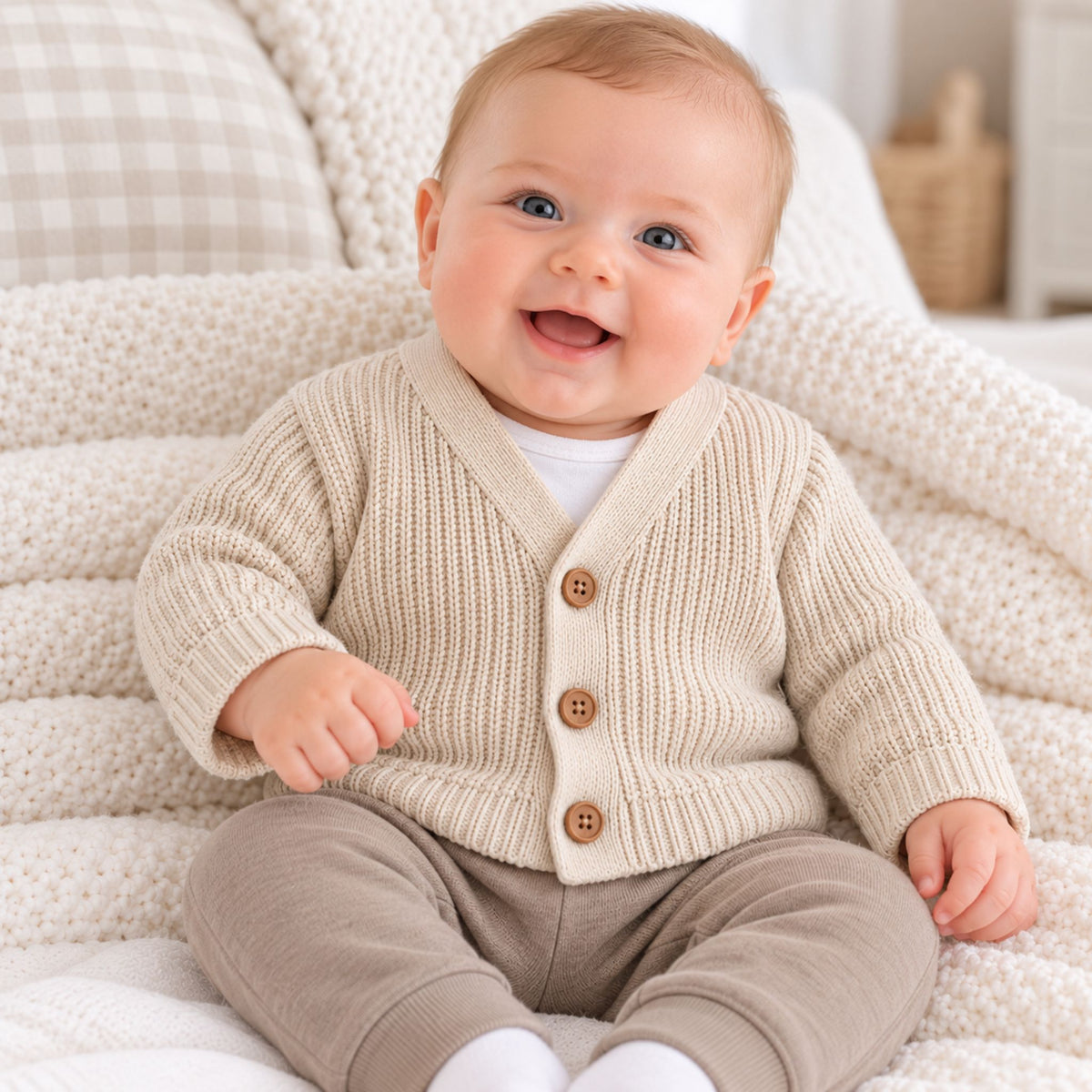 A smiling baby sitting on a textured cream knit blanket, wearing a cream ribbed cardigan with brown buttons over a white shirt and taupe pants.
