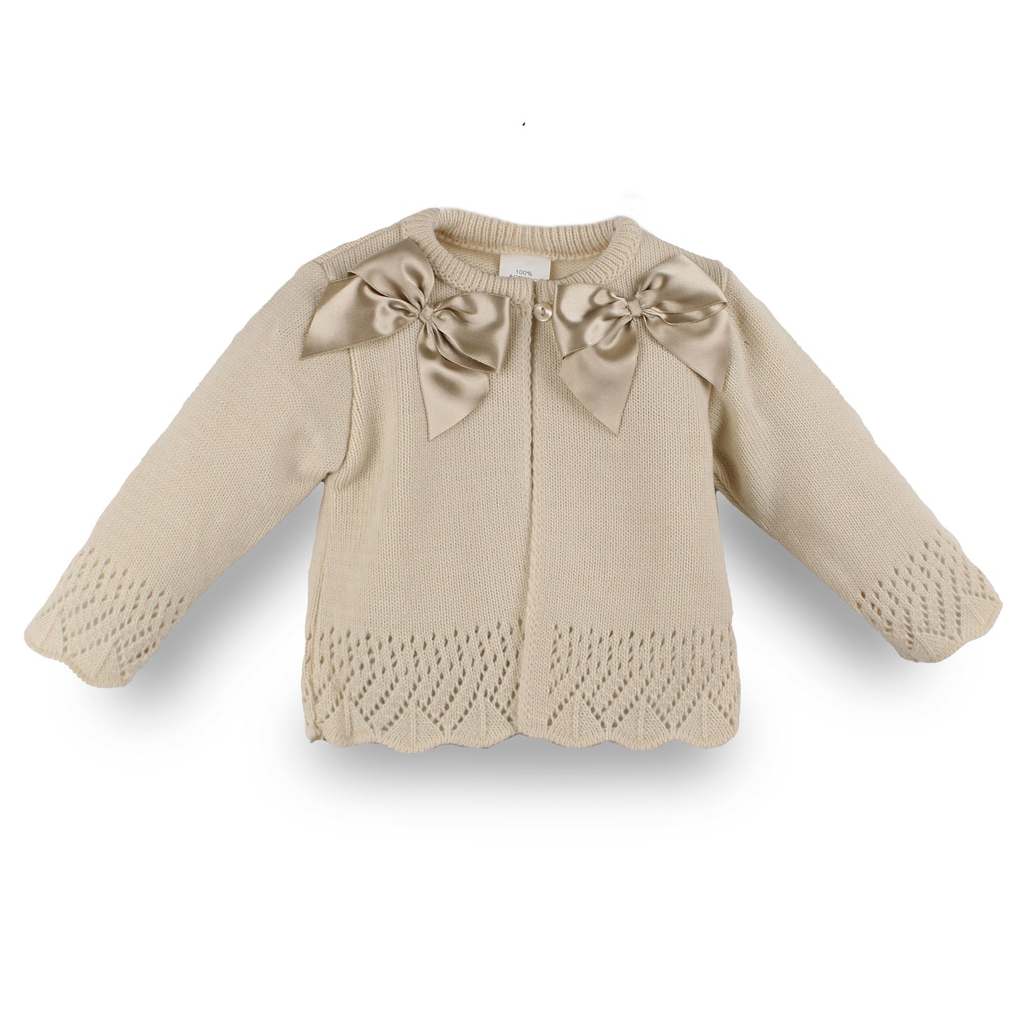 beige baby girls knitted cardigan in a spanish style with 2 bows