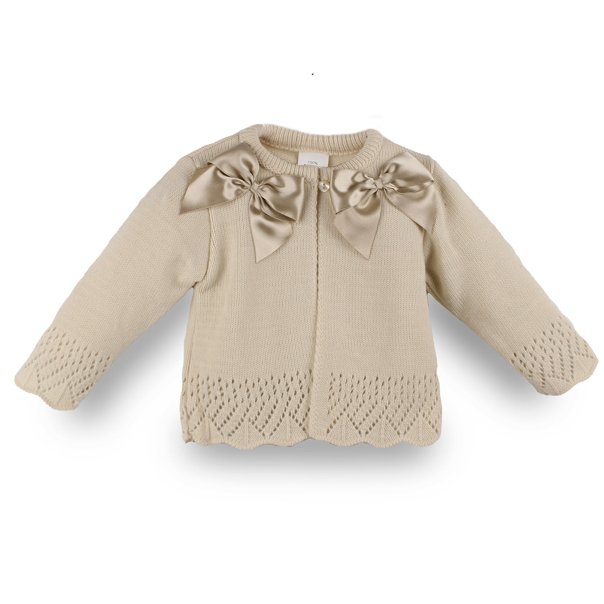 beige baby girls knitted cardigan in a spanish style with 2 bows