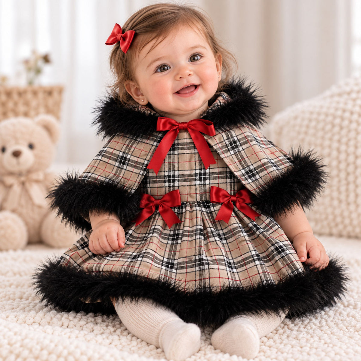 baby girl tartan dress and cape outfit