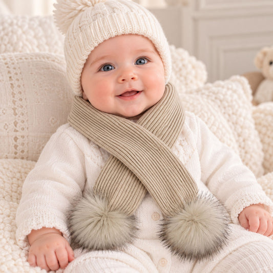 Beige Baby Scarf with Beige Faux Fur pom poms