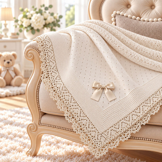 Large Beige Knitted Baby Shawl with Lace Trim – Made in Portugal