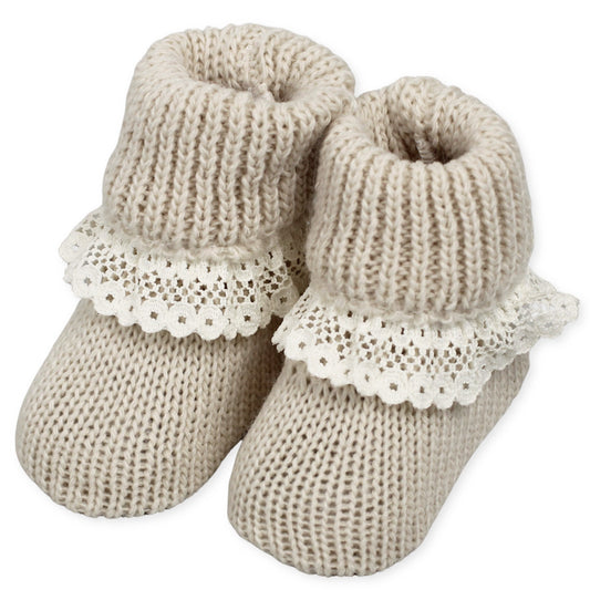 Beige Baby knitted Booties with lace Newborn to 6 months