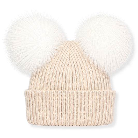 Beige knit beanie with white fur pom-poms on a white background