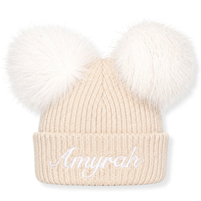 Personalised Baby Pom Hat - Double Pom - Beige