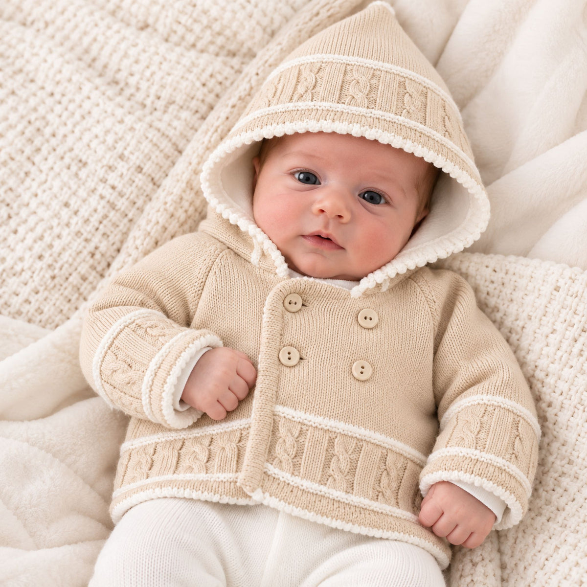 A baby wearing a cream and beige cable-knit hooded cardigan with white trim, lying on a textured cream blanket.