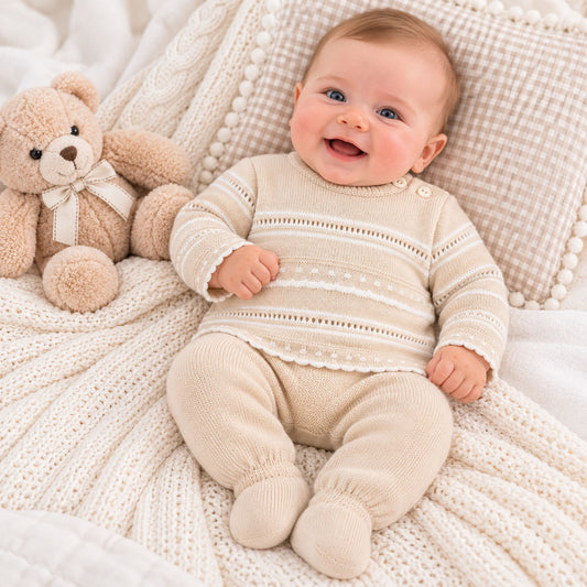 Knitted Baby Outfit – Beige Unisex Spanish Style Two Piece Set