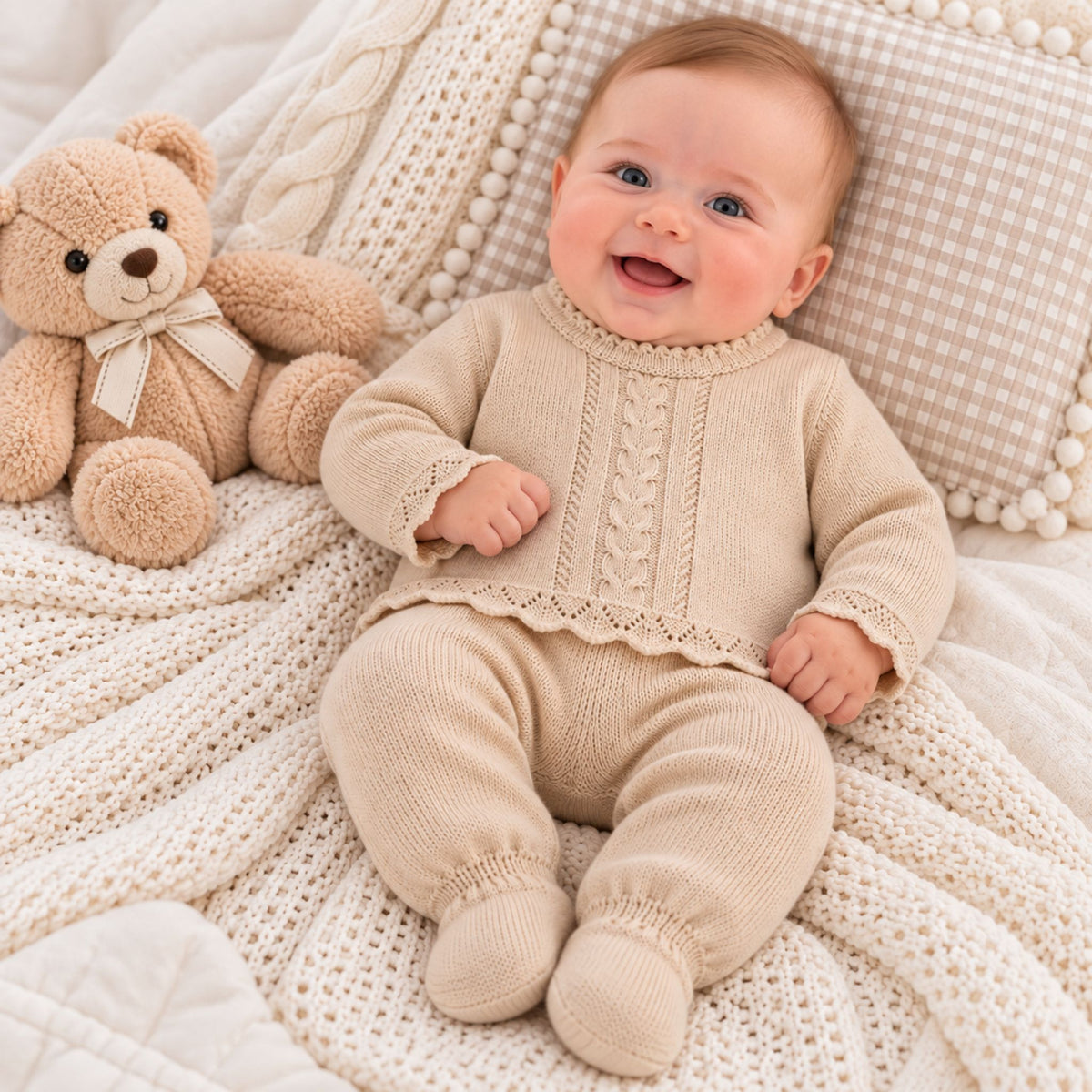 beige dandelion knitted baby set