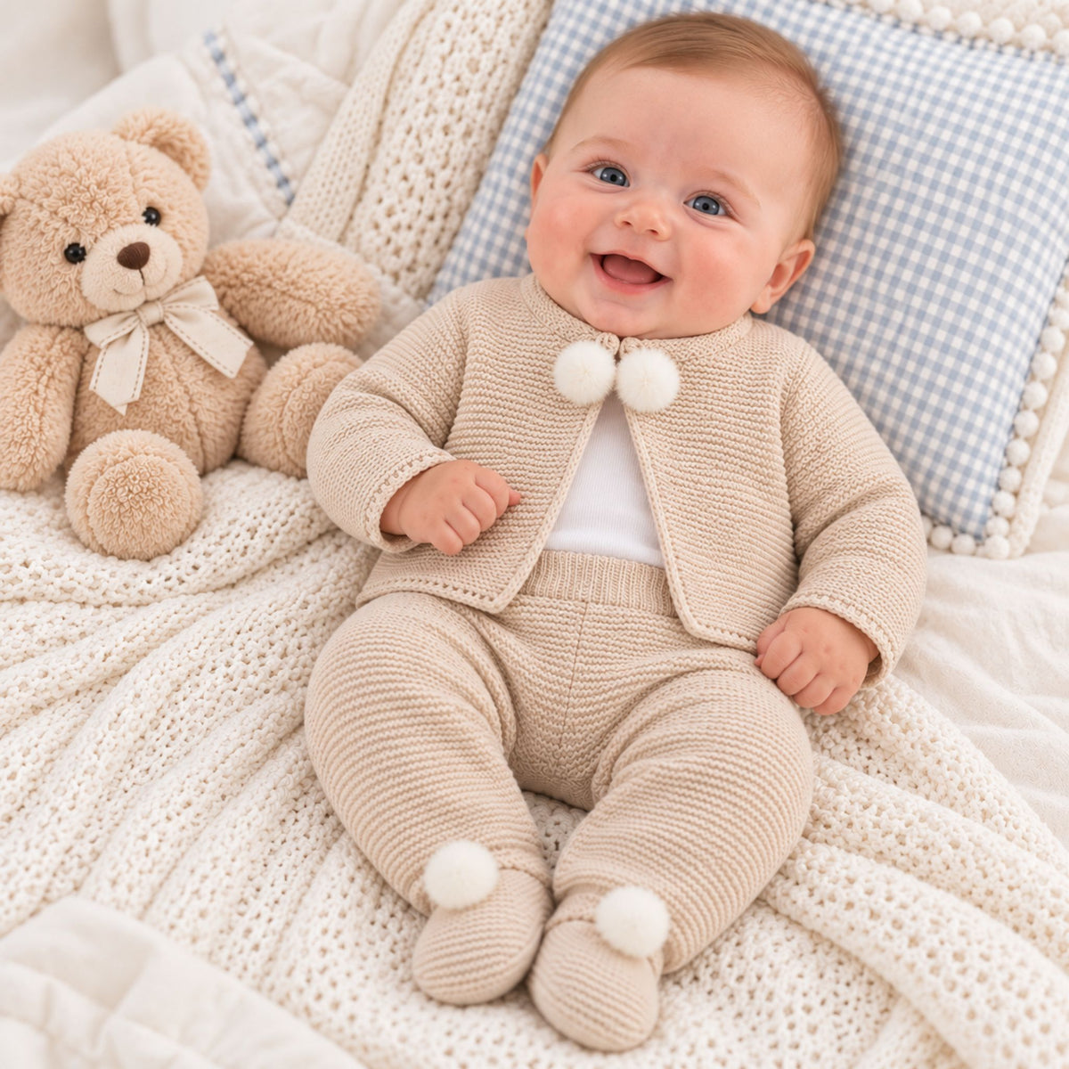 beige dandelion pram suit with pom poms