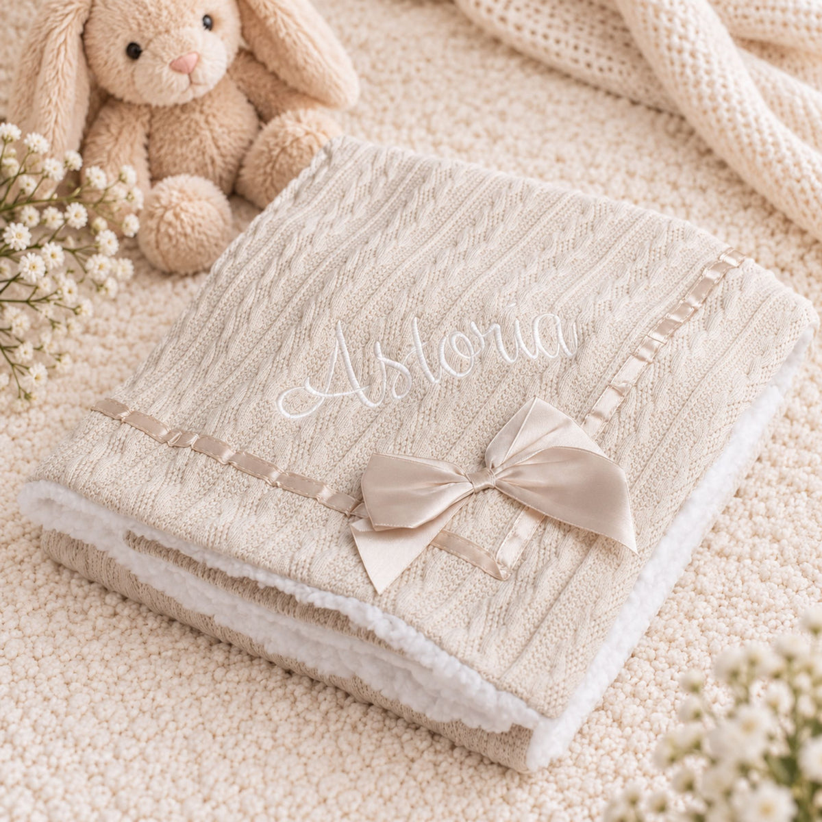 A folded cream-colored baby blanket with a textured cable knit top, soft fleece lining, a satin bow, and the name 'Astoria' embroidered in white script. The blanket is styled on a matching cream textured blanket with a plush bunny and small white flowers.